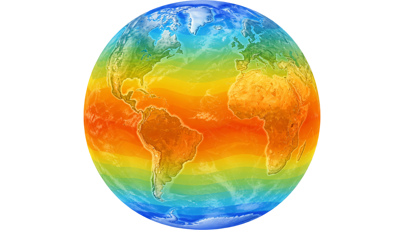 Earth temperature bands: cold blue poles fading through green to a warm amber equator